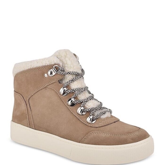 NEW Marc Fisher Women's Summa HIGH TOP Sneaker Taupe SUEDE FAUX FUR Size 7.5 - Picture 1 of 5